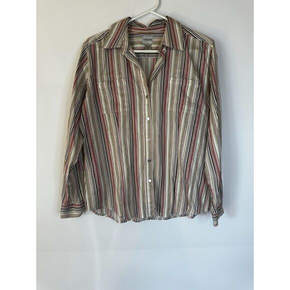 Chico’s Striped Snap Button Shirt Long Sleeve Collared Top Size 2 (M/L) - Picture 1 of 5